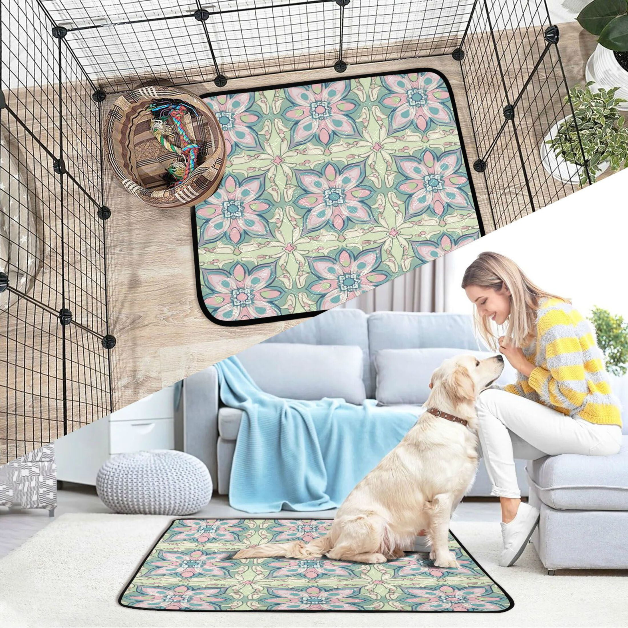 Qxltty Persian Style Motifs Cat litter Pads Pet Set of 2 Diaper Mats Center Anti-leakage Layer Absorbent Soft and Comfortable