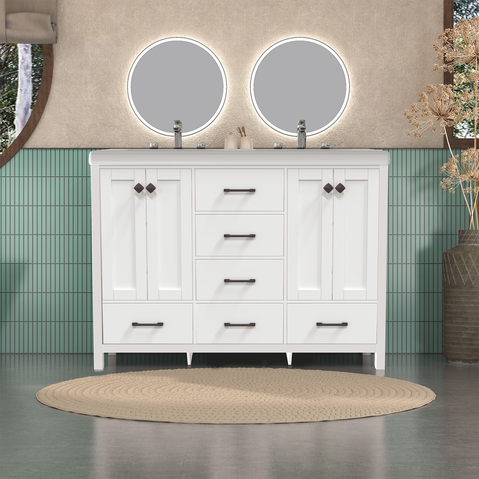 Jarbalai 47" Freestanding Bathroom Vanity with Double Ceramic Basin and 5 Drawers and 2 Cabinets, White