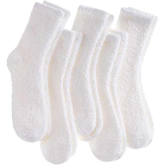 5 Pairs Womens Fuzzy Slipper Socks, Ultra Soft Microfiber Crew Socks for Winter, Non-Slip Cozy House Socks with Fluffy Lining