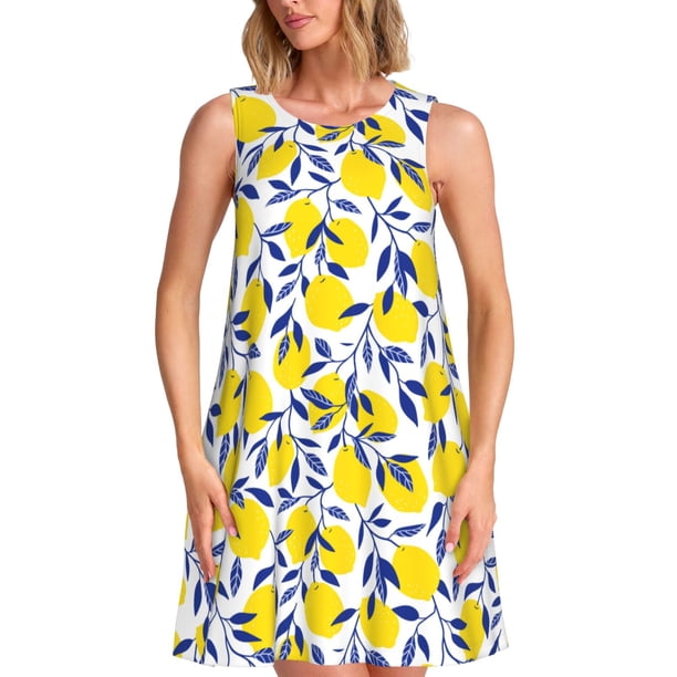 Easygdp Tropical Lemon para Vestido Transpirable de Mujer, Vestido Suelto de Manga Corta con Pliegues y Bolsillos para el Verano