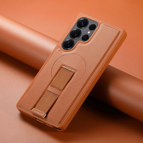 ELEHOLD Case for Samsung Galaxy S26 Ultra, Shockproof Leather Texture Case with Wristband Grip, Compatible with Magnetic Accessories,Brown