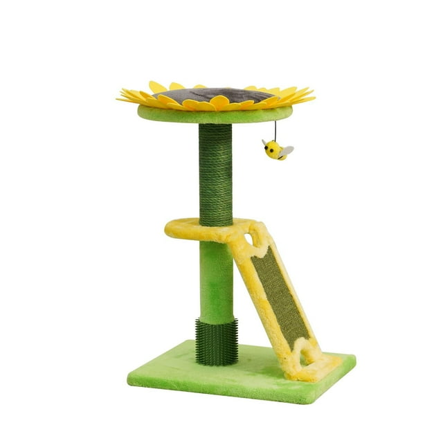 Vibrant Life 24" Sunflower Cat Sisal Scratching Post with Soft Perch, Scratching Ramp, Green/Yellow