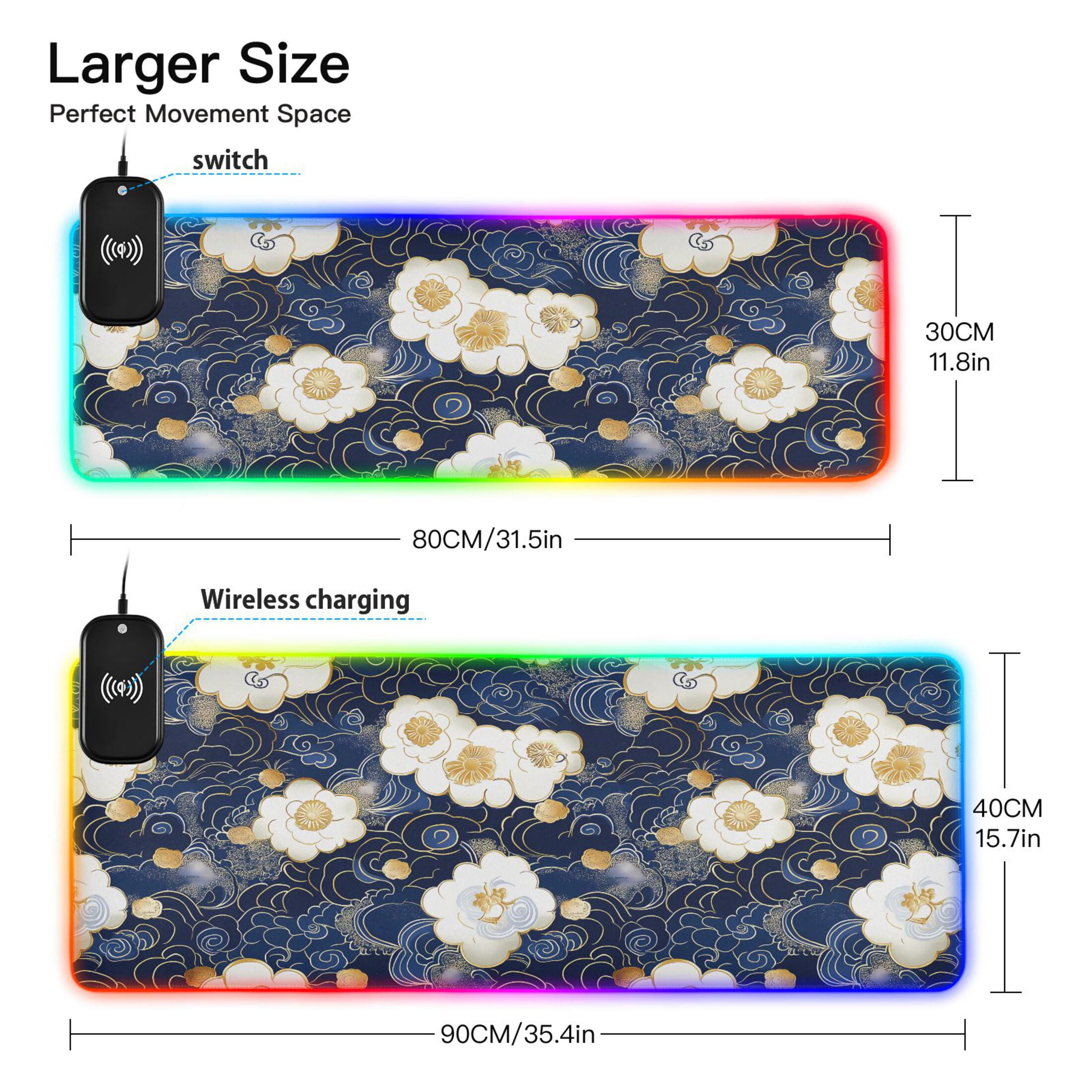 RGB Gaming Mouse Pad 15W Wireless Charging Large Waterproof Desk Mat 13 Light Modes Mousepad 31.5x11.8 Blue Cloud White Flower