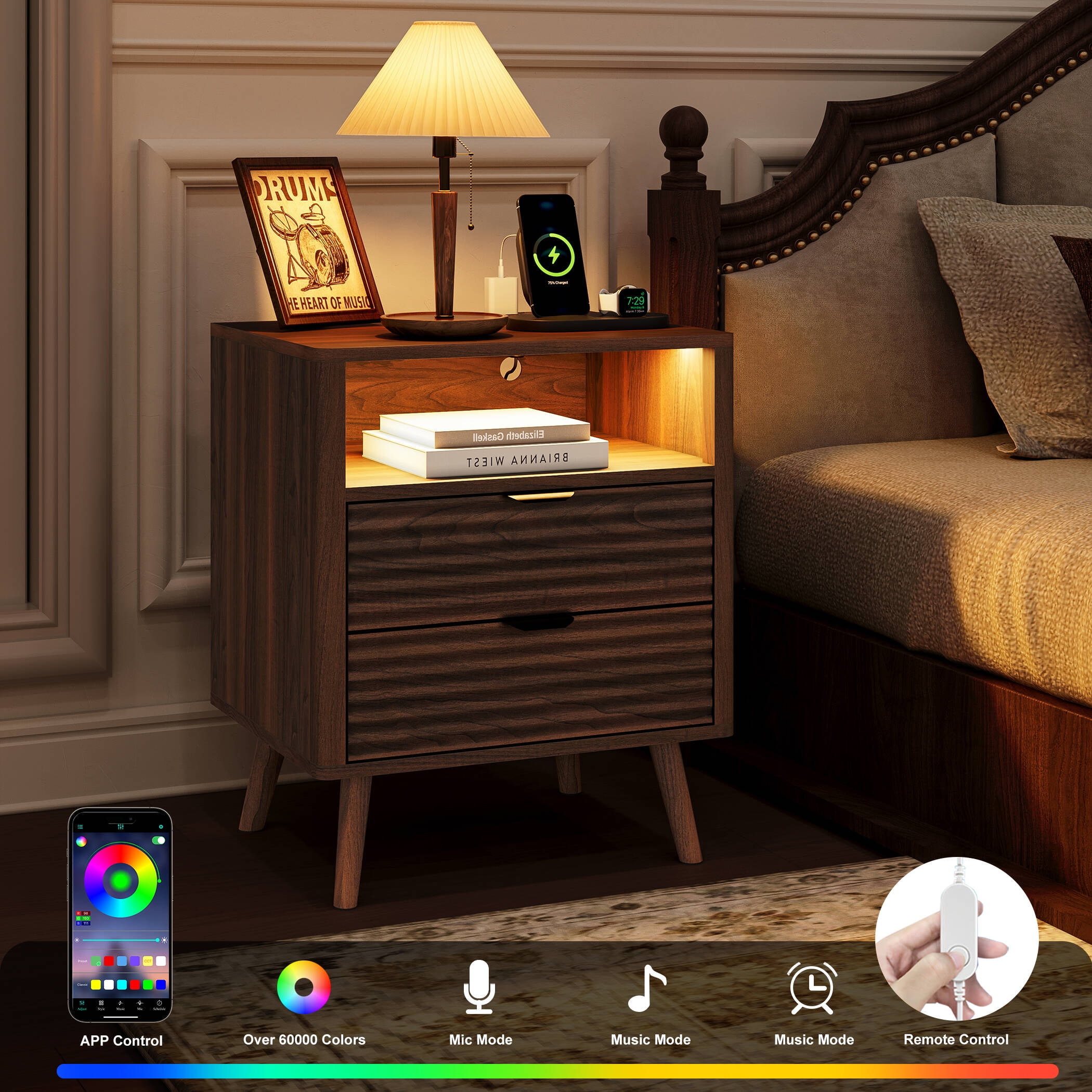 GUNAITO Fluted Nightstand Set of 2 for Bedroom with Charging Station Bedside Table with LED Light Wood Nightstand with Open Shelf and 2 Drawers Walnut
