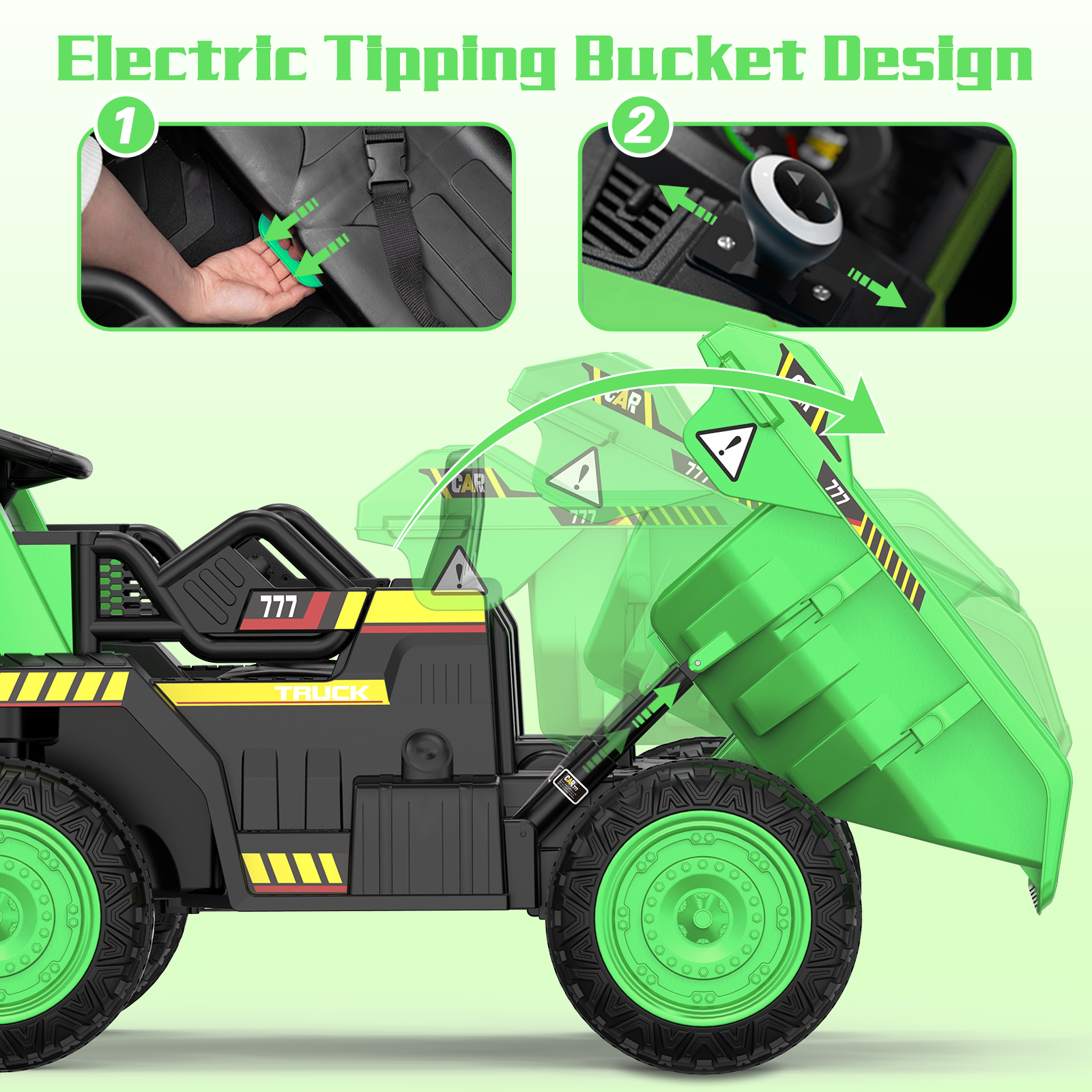 TOKTOO 12Volt Battery Powered Ride on Tractor w/ Remote Control, Music Player, Electric Dump Bed-Green - image 3 of 13