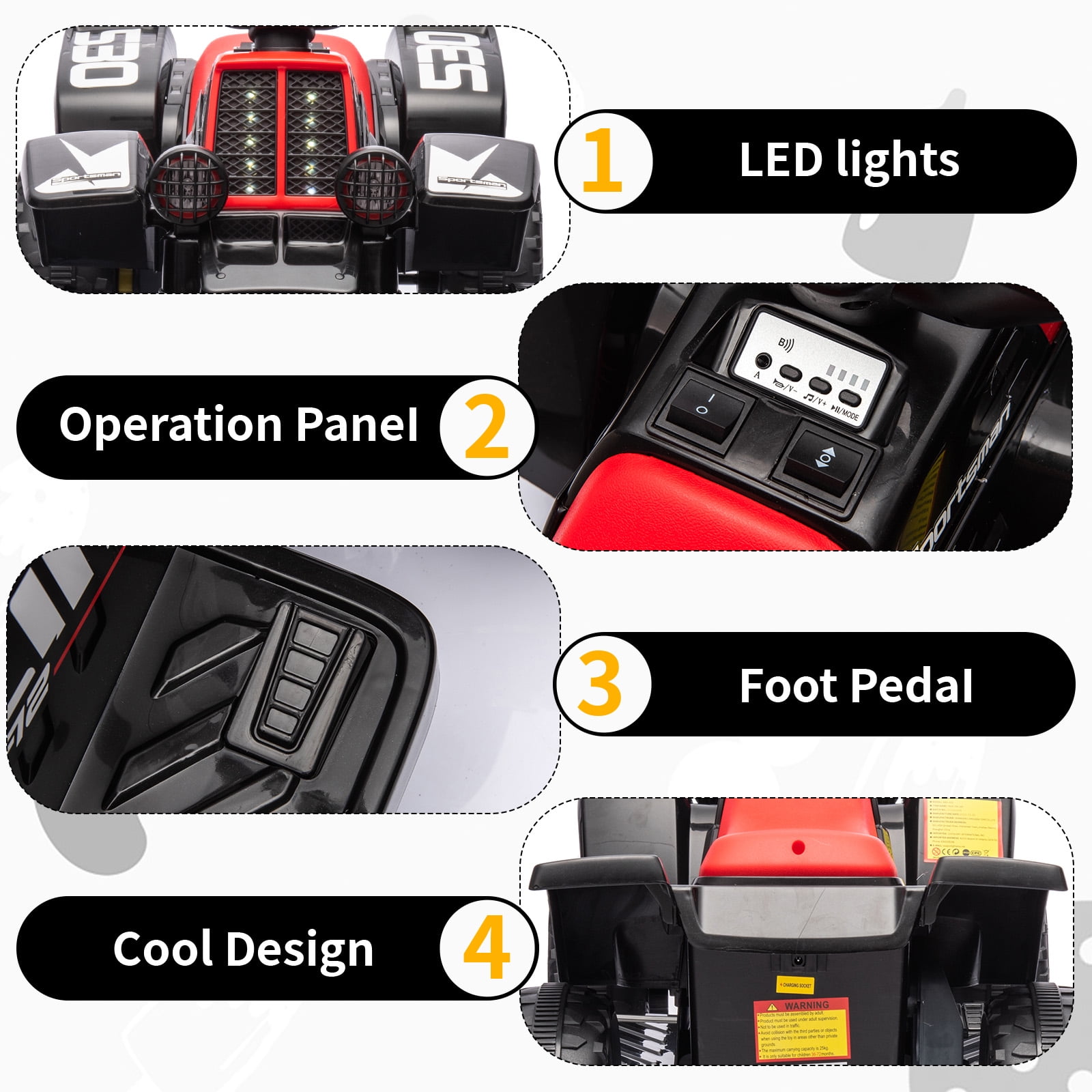 Accreate Kids Ride On ATV, 6V Ride On Car with Led Headlights, Music, Treaded Tires, Rubber Handles, Push-Button Accelerator, forward & Reverse