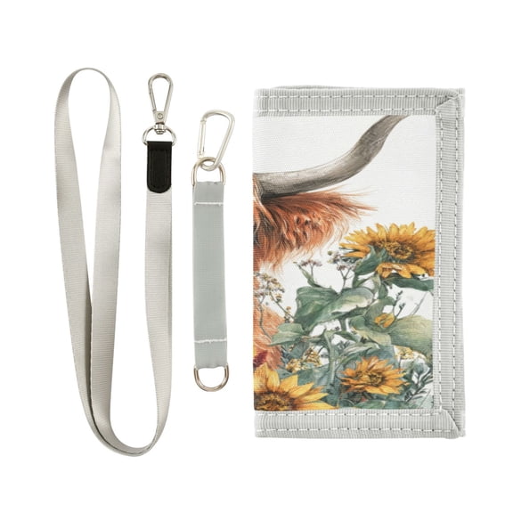 Nylon Fabric Wallet Compact Bifold With Zipper Coin Pocket Card Slots And Detachable Keychain Lanyard A Highland Cow
