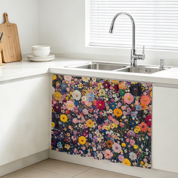 Colorful Spring Florals Cabinet Curtain, Retro Pastoral Style Sink Skirt for Bathroom, Under Sink shelf Curtain Privacy Drape for Kitchen Laundry Room 11x13in