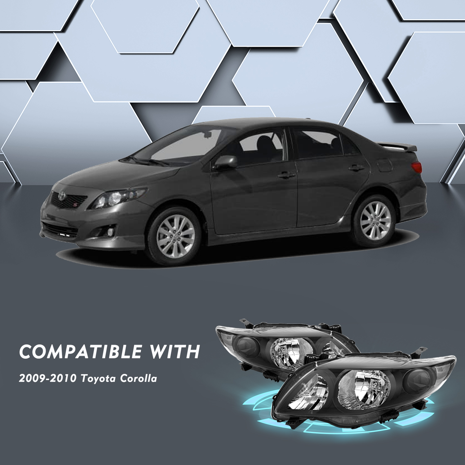 For 2009-2010 Toyota Corolla S CE LE XLE XRS Black Headlights Assembly Lamps Set
