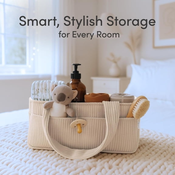 Diaper Caddy Organizer Portable Corduroy Nursery Storage Basket | Sturdy Handle, Dividers, Multi-Pocket | Fits Diapers, Wipes, Bottles – Beige, Large, Baby Shower Gift, Home & Car Use