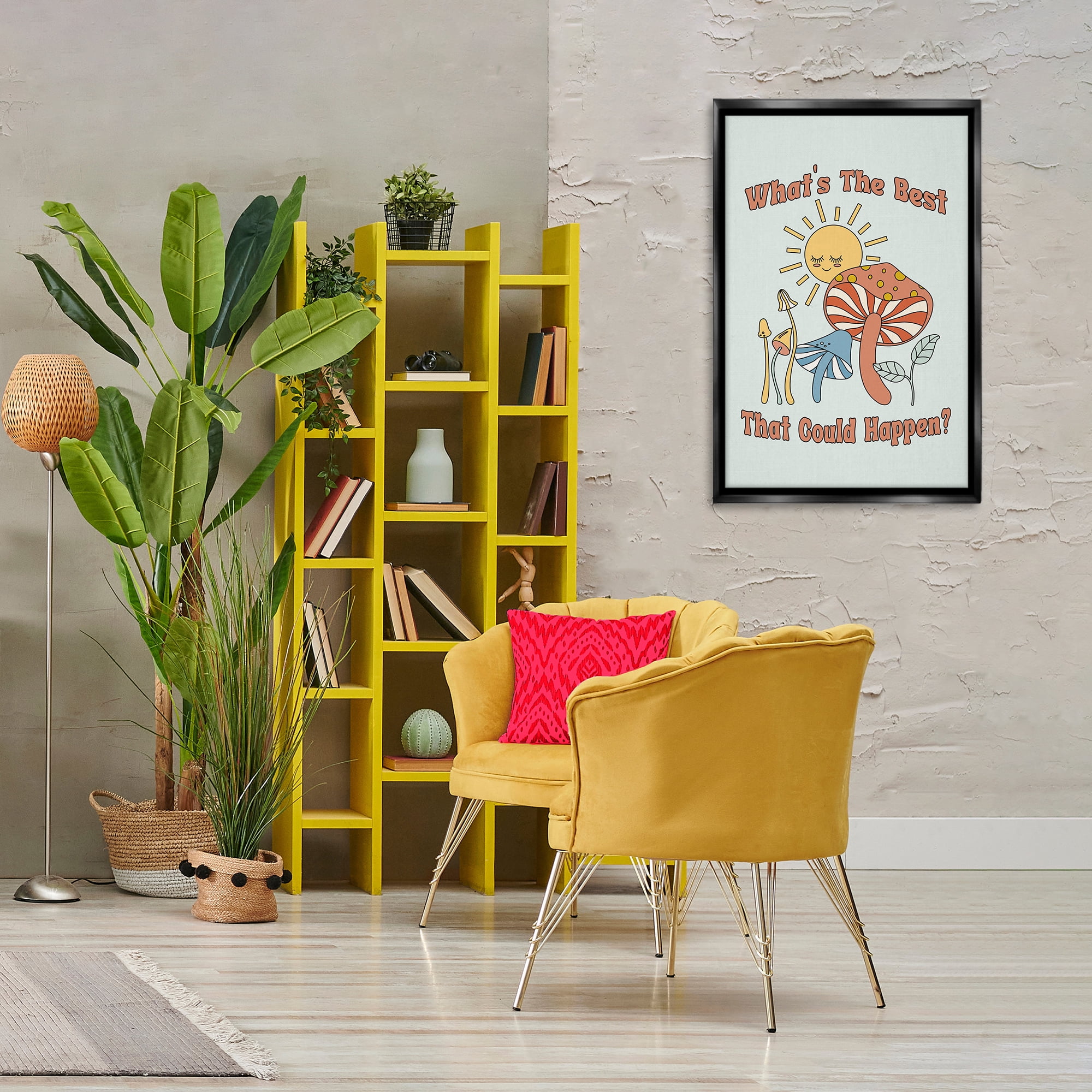 Stupell Industries Positivity Vibes with Mushrooms Plants & Flowers Painting Black Floater Framed Canvas Art Print Wall Art, 21 x 31