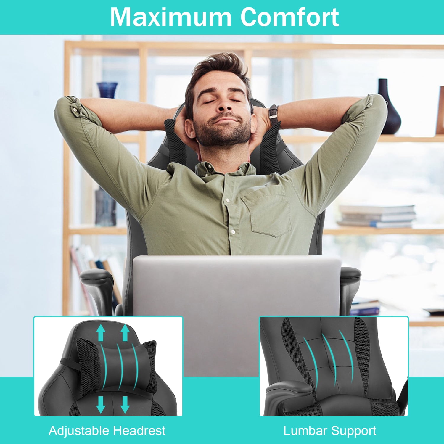 PC Gaming Chair Ergonomic & Adjustable Office Desk Chair Leather Reclining Computer Chair with Flip Up Arms Headrest for Adult Teen,Black