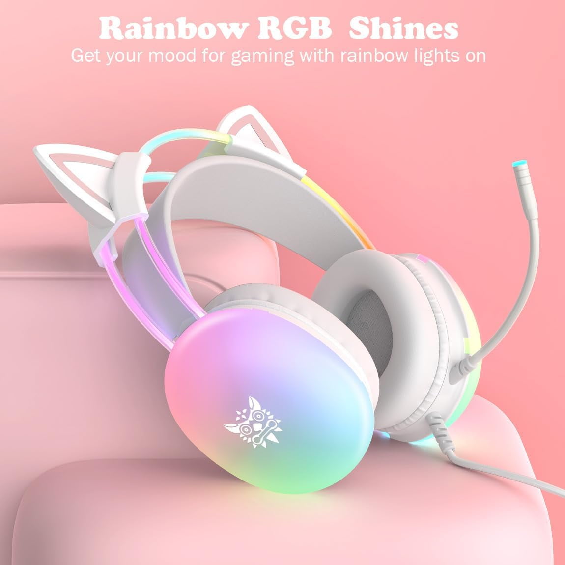 ONIKUMA RGB Cat Ear Gaming Headset with Mic, Wired Gaming Headphones for PC, Switch & Laptop with Surround Sound