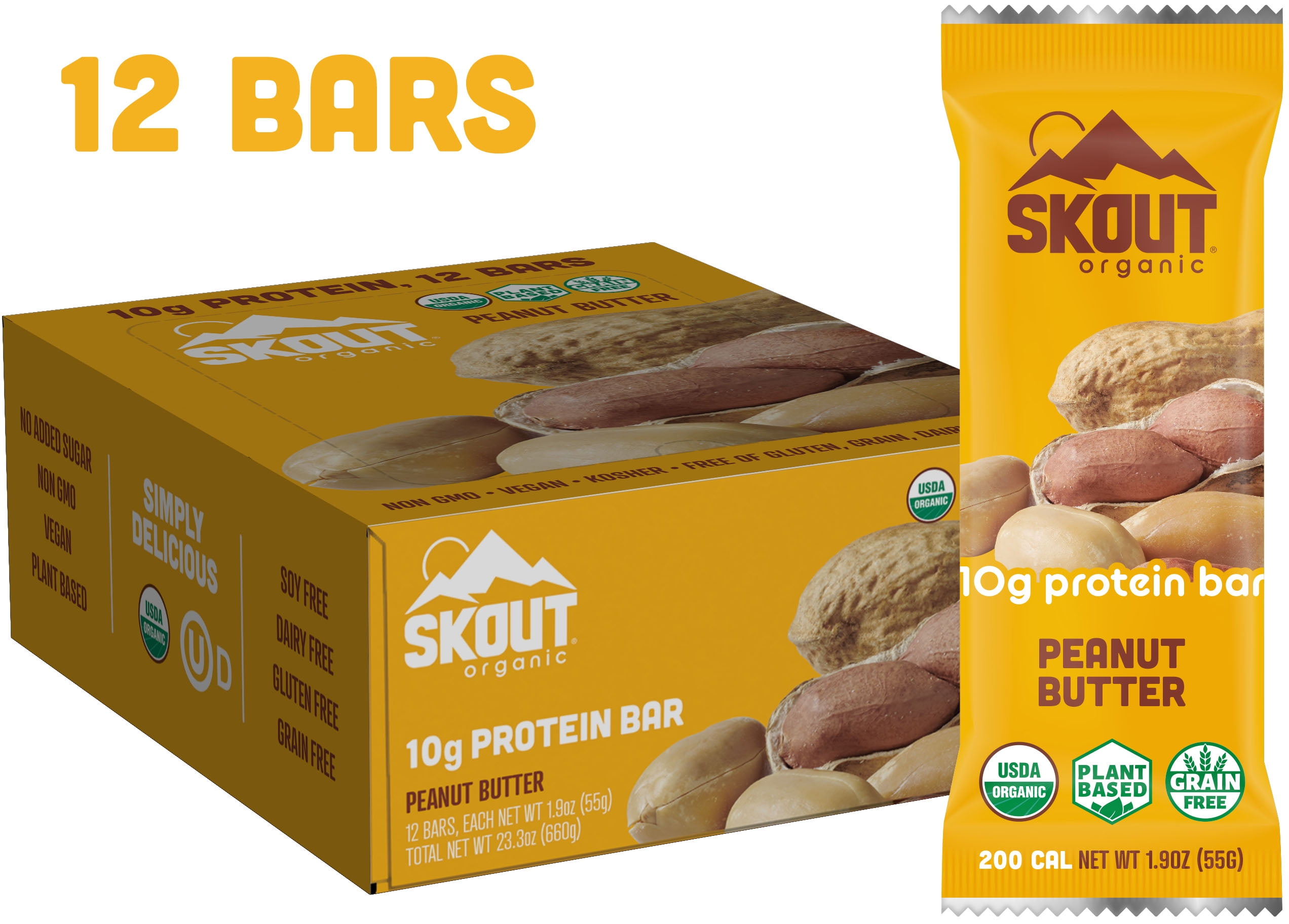 Skout Organic Protein Bars, Peanut Butter, 12 bars, 10g Protein, 1.9oz each