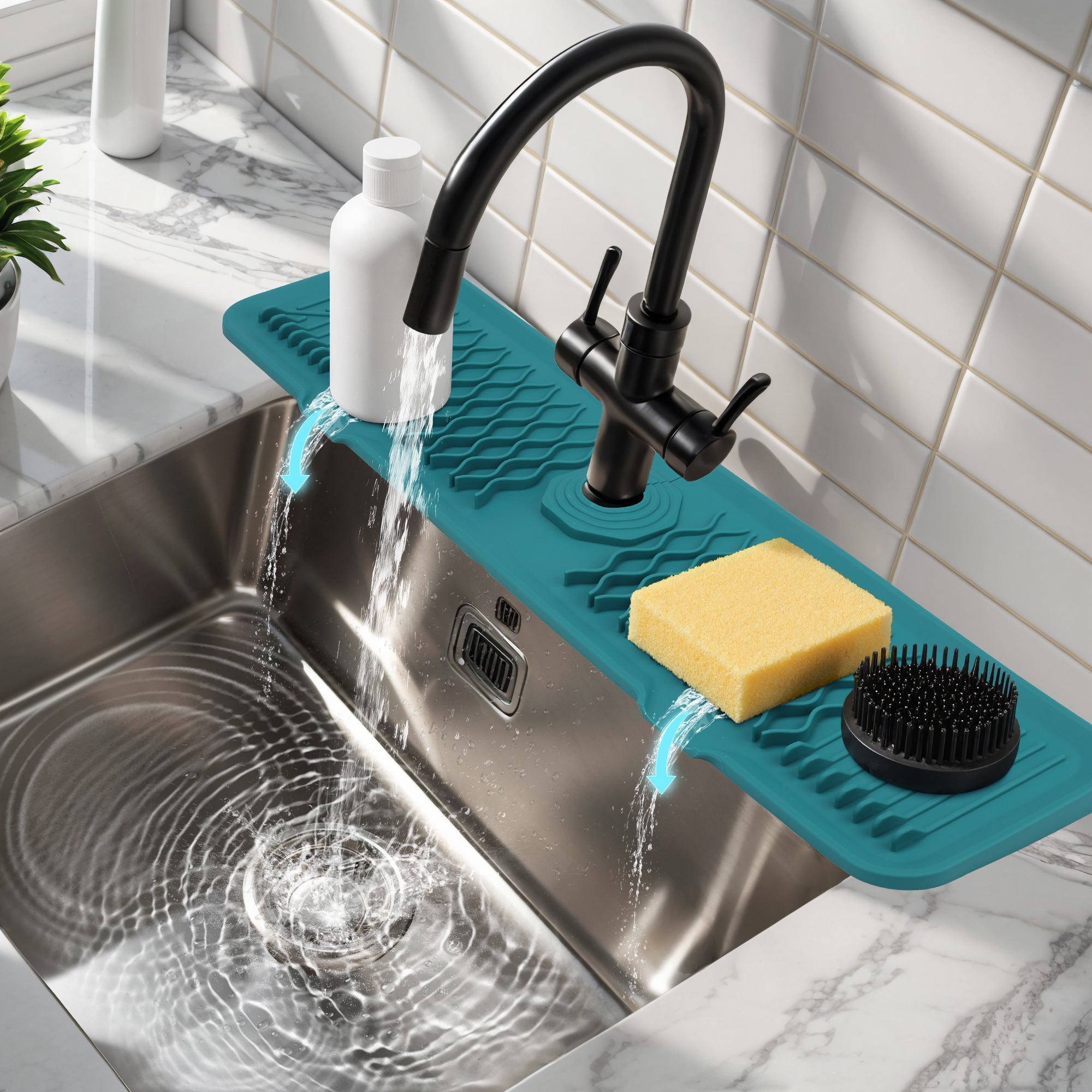 Longer Faucet Mat for Kitchen Sink Splash Guard, Kitchen Sink Mat,  Kitchen Sink Splash Guard, Kitchen Sink Area Behind Faucet Mat Green 24.0*5.7 inch