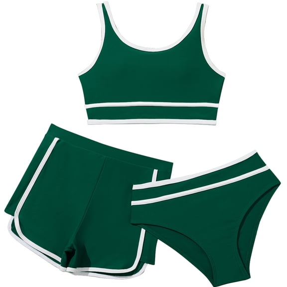 Likimi Kids Girls Three Piece Swimsuits Solid Color Crew Neck Sleeveless Bikini Set With Shorts Casual Fashionable Swimwear For Beach Pool Dark Green Size 13-14 Years