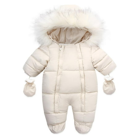 

Sodopo Toddler Baby Boys Girls Snowsuit Zipper Down Jacket with Winter Gloves Winter Hooded Footed Warm Jumpsuit Outerwear Outfits for 6-24 Months