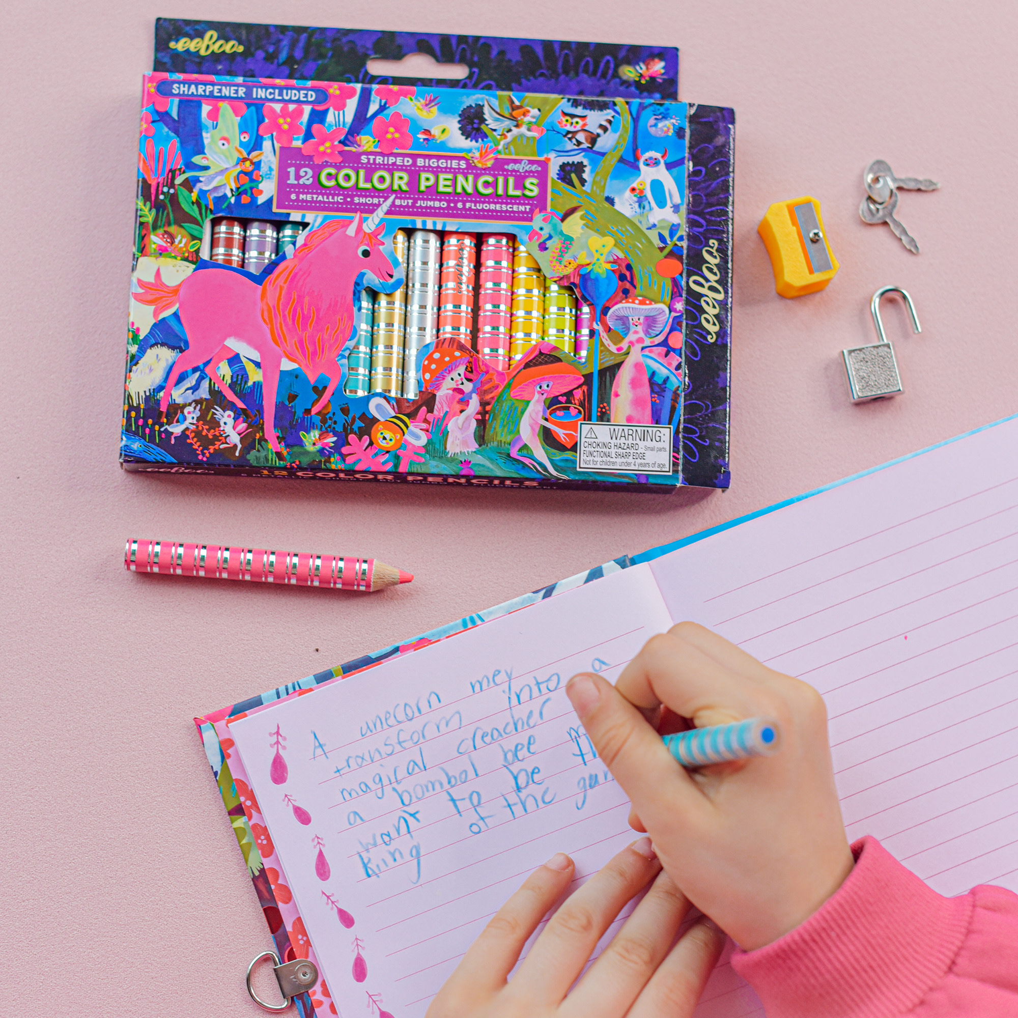 eeBoo: Striped Biggies 12 Color Pencils: Magical Creatures - 12pc Set w/ 6 Fluorescent & 6 Metallic Colors, Includes Sharpener, Art Supplies, Kids Ages 4+