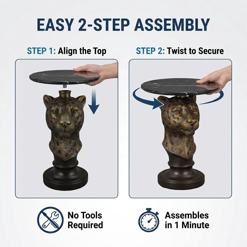 Leopard Head Accent Table, Animal Statue End Table with Faux Marble Top, Resin Sculpture Side Table for Living Room, Hallway, Boutique Display, Antique Brown