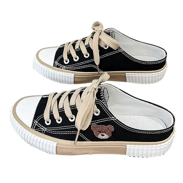 Chaussures en Toile Motif Ours Mignon Femmes Mode Décontractée Bas Lacets Espadrilles pour Magasinage Rendez-Vous