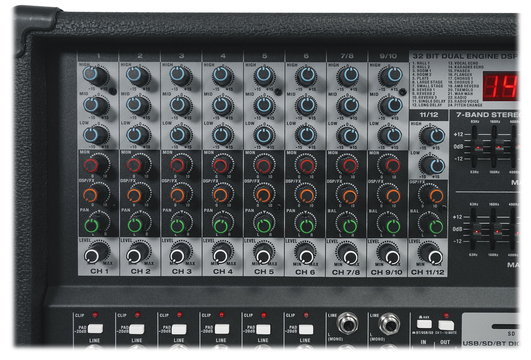 Rockville RPM109 12 Channel 4800w Powered Mixer , 7 Band EQ+8-Ch Snake Cable