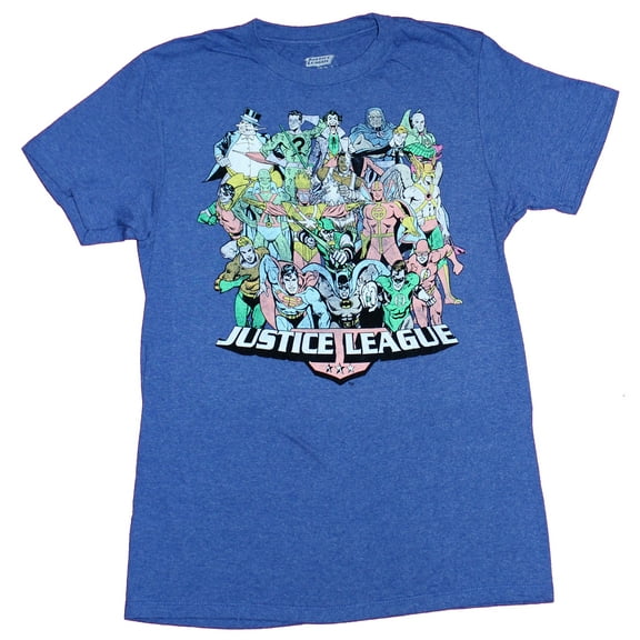 Justice League Mens T-Shirt - Massive Mound Of Hundreds of Heroes Image (Small)