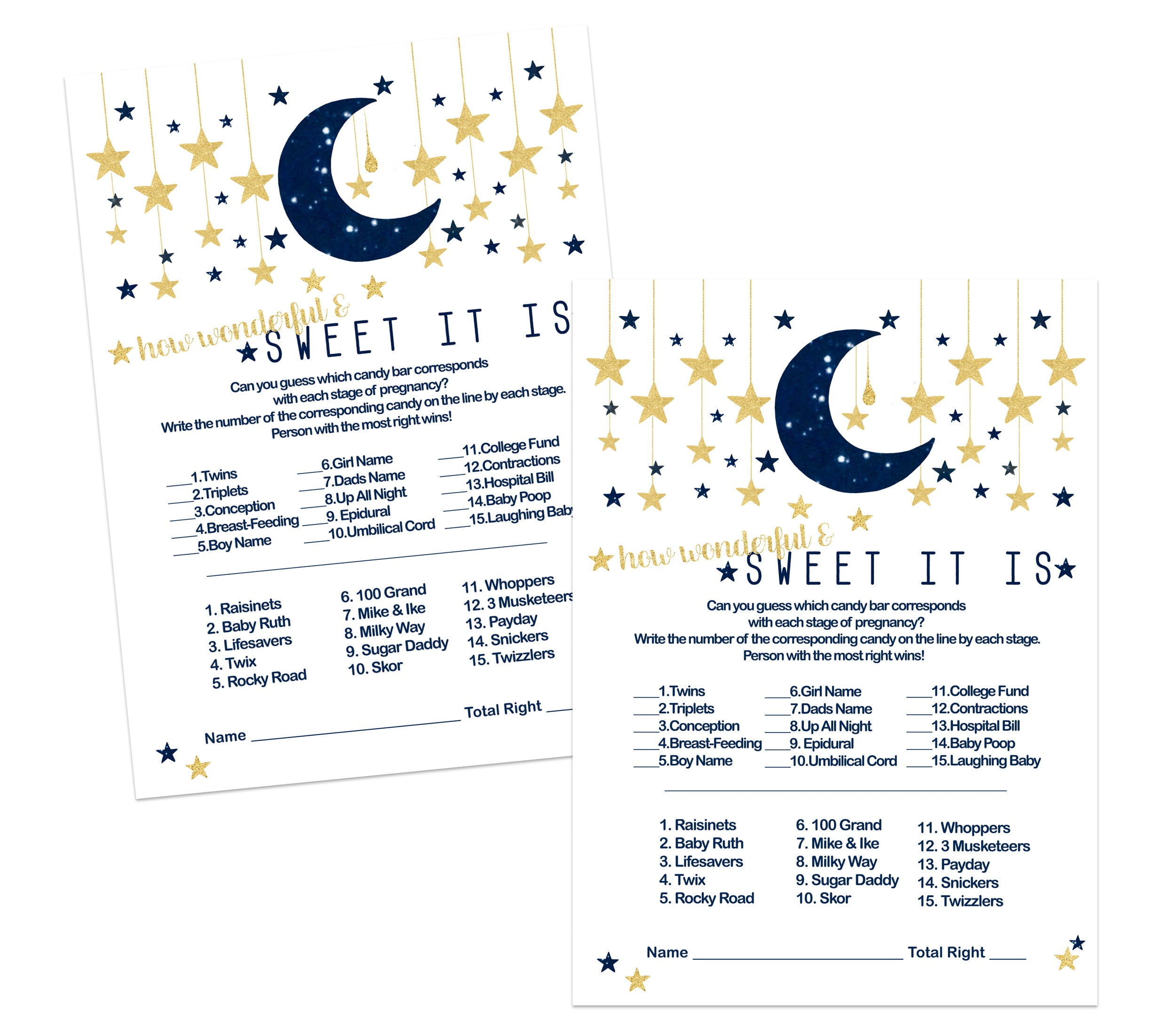 Twinkle Little Star Baby Shower Game Cards 25 Pack of Guessing Candy Match Activity - Navy and Gold  Supply - 5x7 Size Set - Paper Clever Party