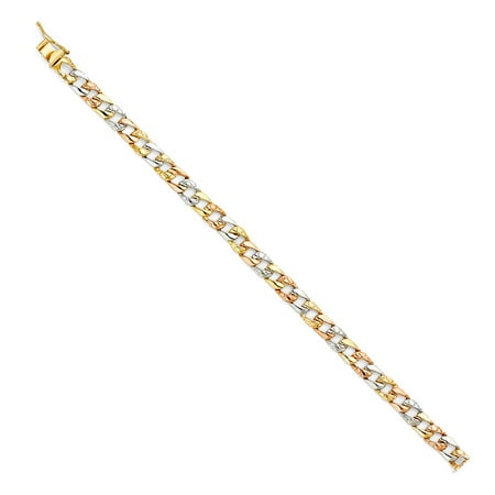 Italian Gold Solid 14k Tri Colored Stamped Nugget Curb Links CubanSquare Chain 7" Engravable ID Bracelet Approx. 7.3 Grams Oro Pulsera