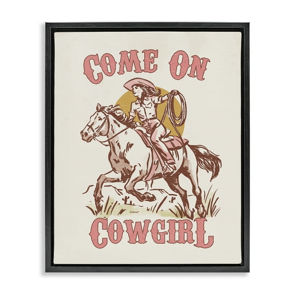 Stupell Industries Pastel Come On Cowgirl Entertainment Painting Black Floater Framed Canvas Art Print Wall Art, 17 x 21