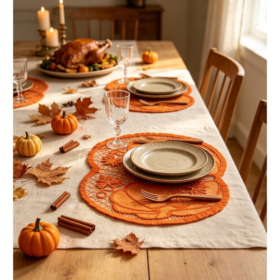 Table Linen Set,Hollow Mesh Pumpkin Maple Leaf Harvest Table Runner & Matching Placemats,Foldable Lightweight Autumn Table Decor for Farmhouse Dining Table Thanksgiving Family Dinner Party