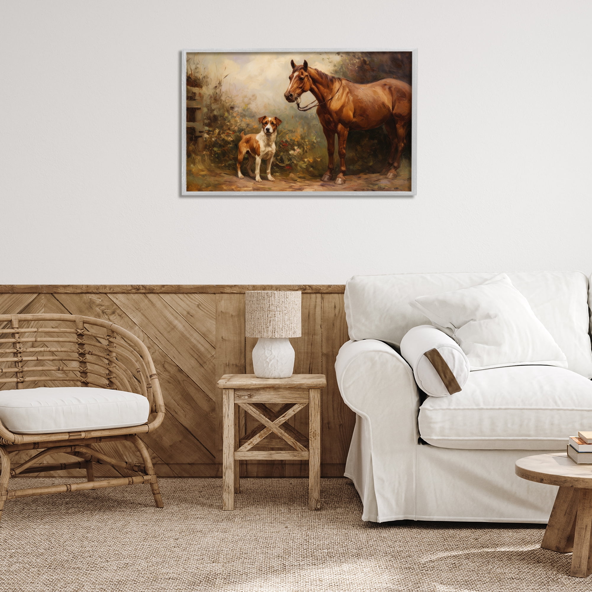 Stupell Industries Horse & Dog in Nature Landscape Painting Gray Framed Art Print Wall Art, 30 x 20