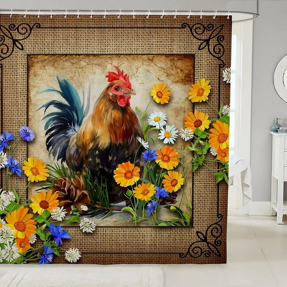 Watercolor Rooster Fabric Shower Curtain,Cute Daisy Flowers Shower Curtain for Bathroom,Rustic Farmhouse Animal Waterproof Shower Curtain 78 Inch Long