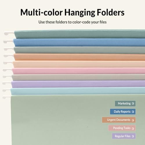 Hanging File Folders, 50 Pack Letter Size Hanging File Folders with 1/5-cut Tabs, Stay Organized for Your Home and Office Bulk File, Documents and Paper, 10 Pastel Colors