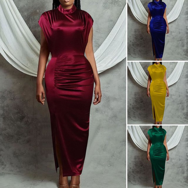 Neinkie Party Dress Tight Waist Sheath Dress Slim Fit High Split Solid Color Breathable Soft Half-high Collar Short Sleeves Evening Dress Wedding Dress