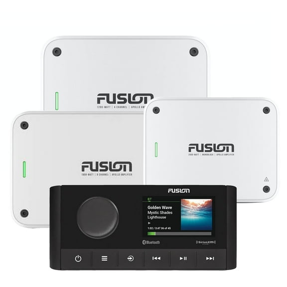Fusion MS-RA210 Apollo Marine Entertainment System With Fusion MS-AP61800 Apollo 6 Channel, MS-AP41200 4 Channel, and MS-AP12000 Mono Amplifiers