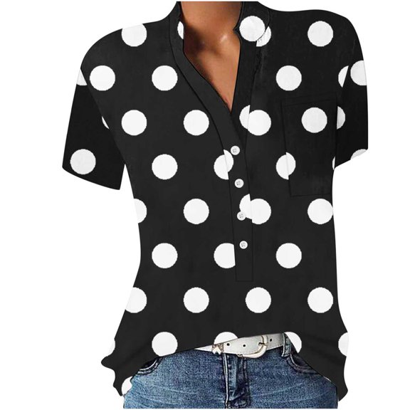 Lolmot Summer Tops for Women Fashion V Neck Sexy Tunic Shirts Tee Leisure Short Sleeve Pocket Buttons Casual Printing Blouses