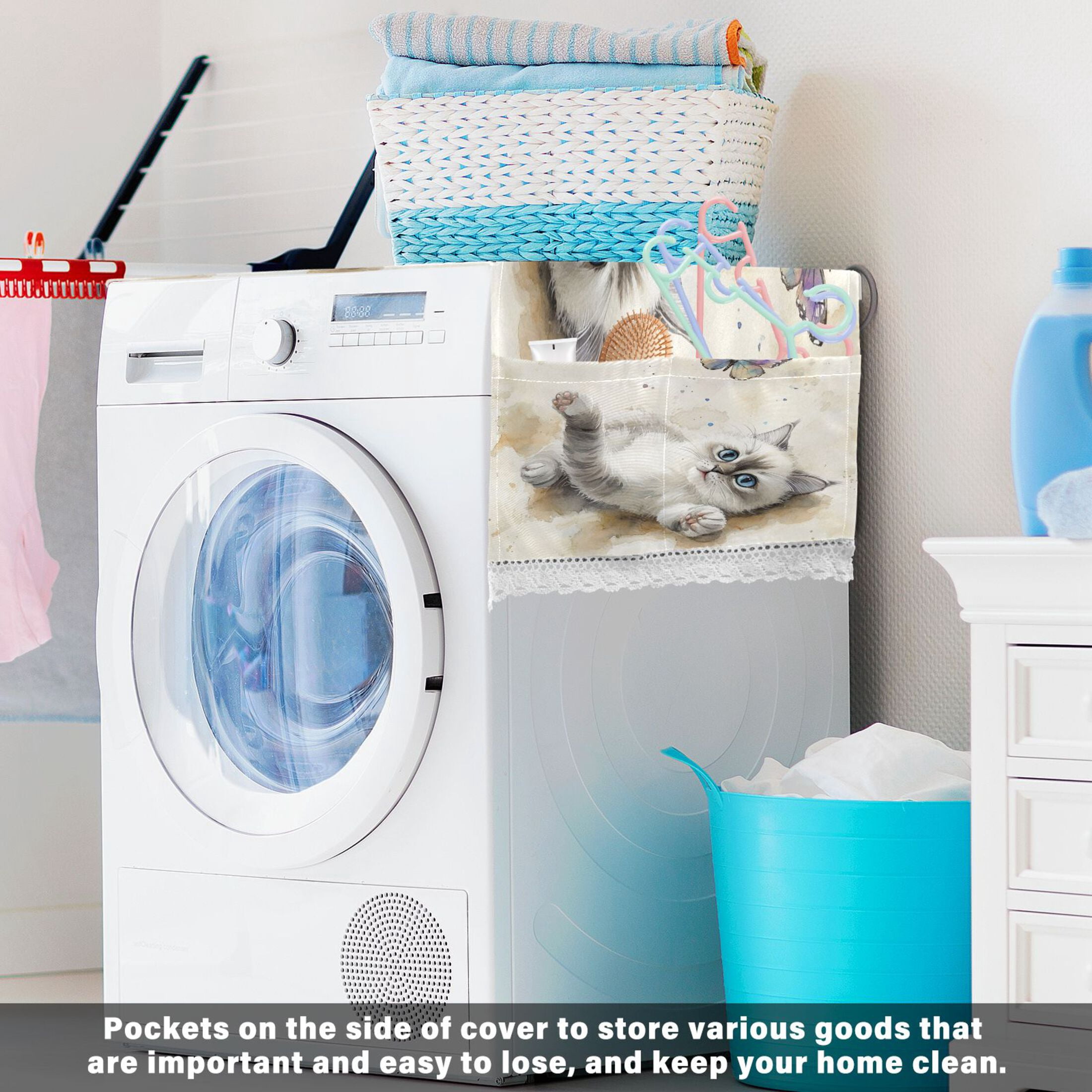 WOBOGO Cat with Colorful Butterfly Washing Machine Cloth Dryer Refrigerator Top Cover Protective Non-Slip Mat For Kitchen Laundry