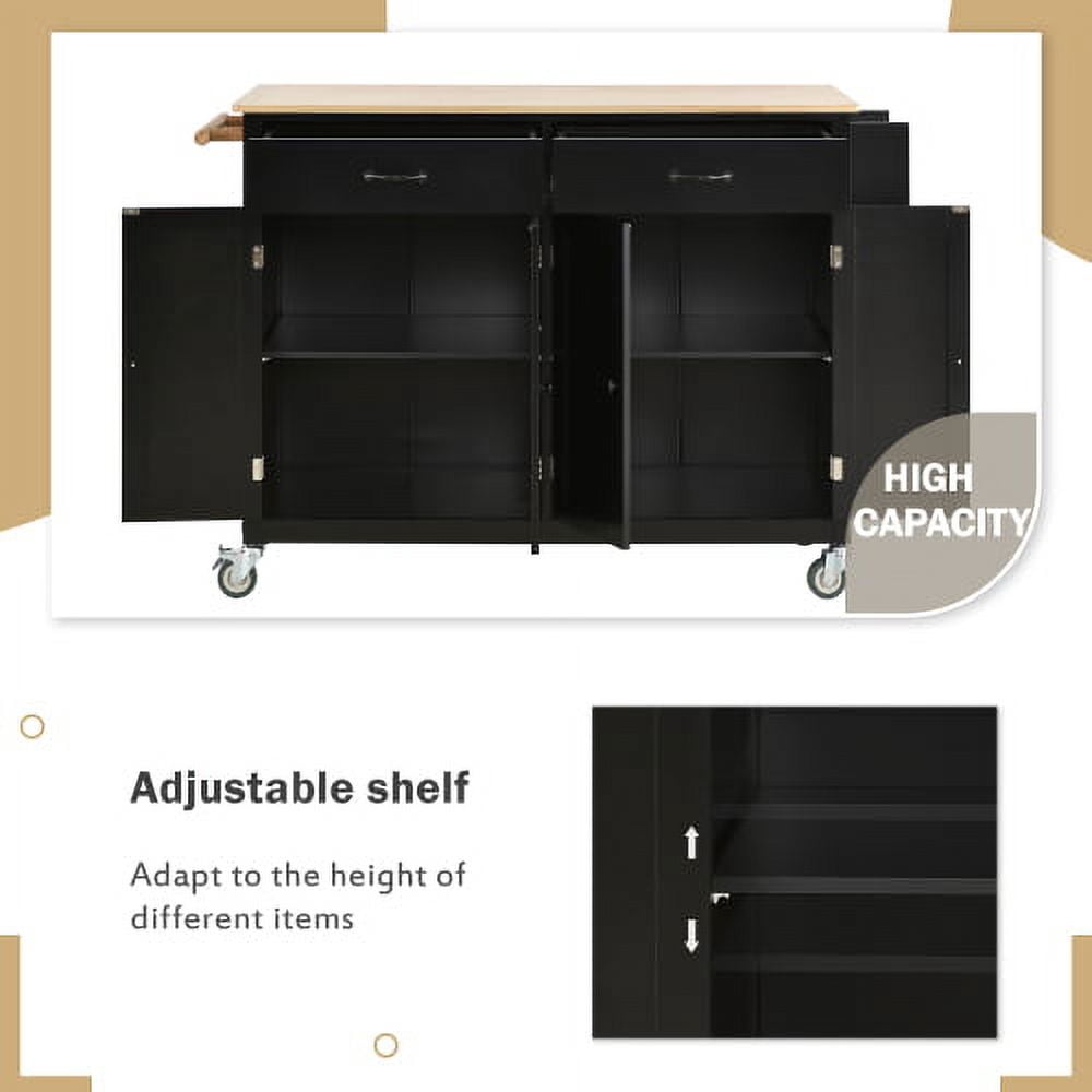 AVAXA 54.3 Inch Width Kitchen Island Cart with Solid Wood Top and Locking Wheels, 4 Door Cabinet and Two Drawers, Spice Rack, Towel Rack, Black