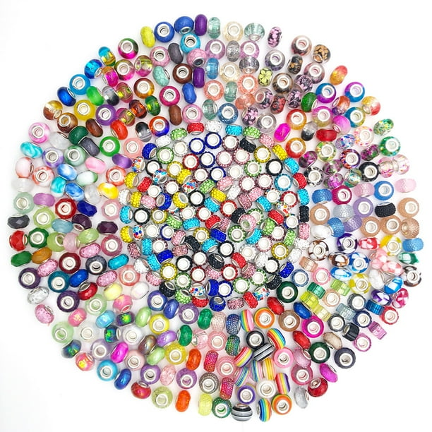 Surtido de cuentas europeas con agujeros grandes, cuentas espaciadoras, cuentas artesanales de diamantes de imitación para abalorios, pulseras, fabricación de joyas (Rainbow-200pcs)