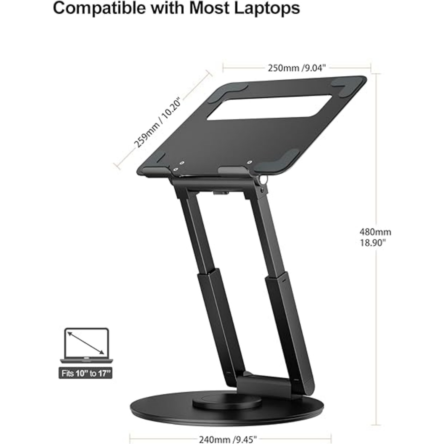 Telescopic Laptop Stand for Desk with 360° Swivel Base, Sit to Stand, Height Adjustable, Portable Riser Holder for Good Posture, Compatible , All Laptops 10-17" - Black
