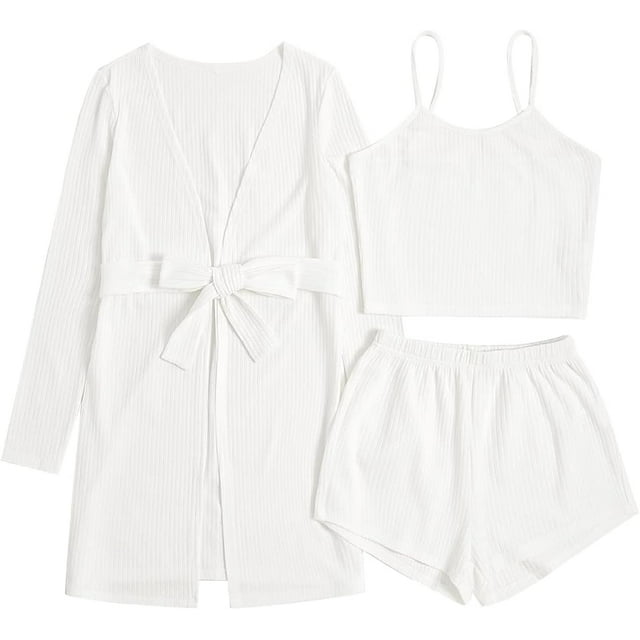 Womens Pajama Sets 3 Piece Lounge Set Ribbed Knit Cami Top and Shorts Soft Sleepwear with Robe Cardigan
