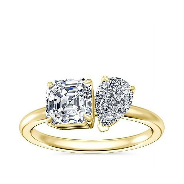 1.00 Carat Excellent Asscher & Pear Cut Real Diamond Latest Design Two Stone Ring for Ladies Solid 14K Yellow Gold Size 7.5