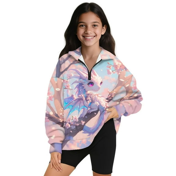 Uorisanigo Girls Oversized Sweatshirts Cherry Blossom Dragon Long Sleeve Half Zip Pullover Sweatshirt Lightweight Athletic Pullover Tops Half Zip Mock Neck Hoodies Jackets Trendy Clothes