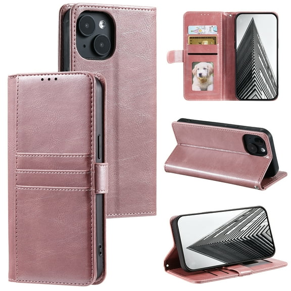 TECH CIRCLE Folio Case for iPhone 14 (6.1") 2022 Phone - Protective Flip Fold Case with Wrist Strap, Built-in Stand & Card Slots Holders, Lightweight Portable Phone Cover, Rosegold
