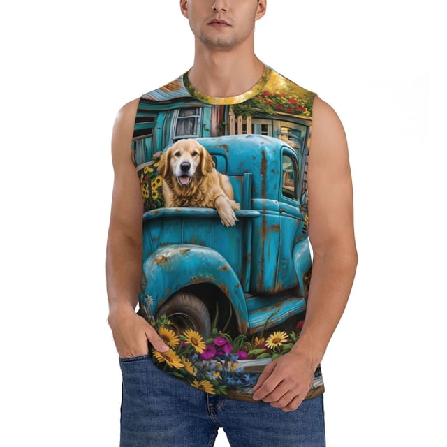 Fotbe Vintage Pickup Sunflower Dog Men's Camiseta sin Mangas Estampada para Hombres, Playera Casual para Gimnasio, Entrenamiento, Playa-X-Large
