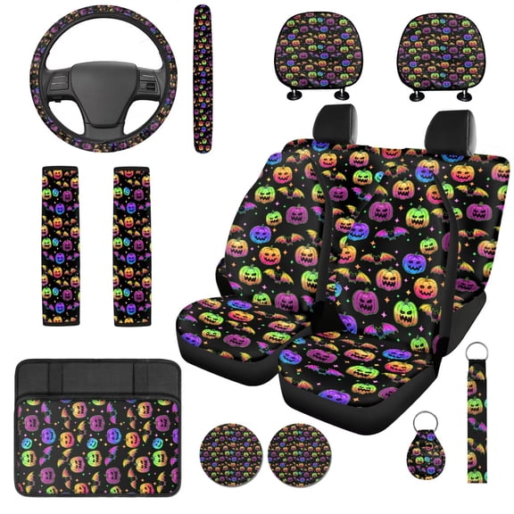 KUIFORTI Pumpkin Halloween Car Seat Covers Full Set Non Slip Set of 14 Arm Rest Cover Car Included Universal Fit Cars SUV Trucks Washable Soft
