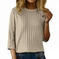 thumbnail image 2 of Chandails d'Automne Grande Taille pour Femmes Automne et Hiver Couleur Unie Col Rond Bas Rayé Ample Décontracté Manches Trois-Quarts, 2 of 5