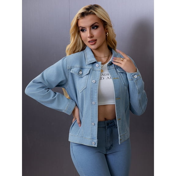 Women’s Cropped Denim Jacket Classic Button Down Short Jean Coat – Light Blue