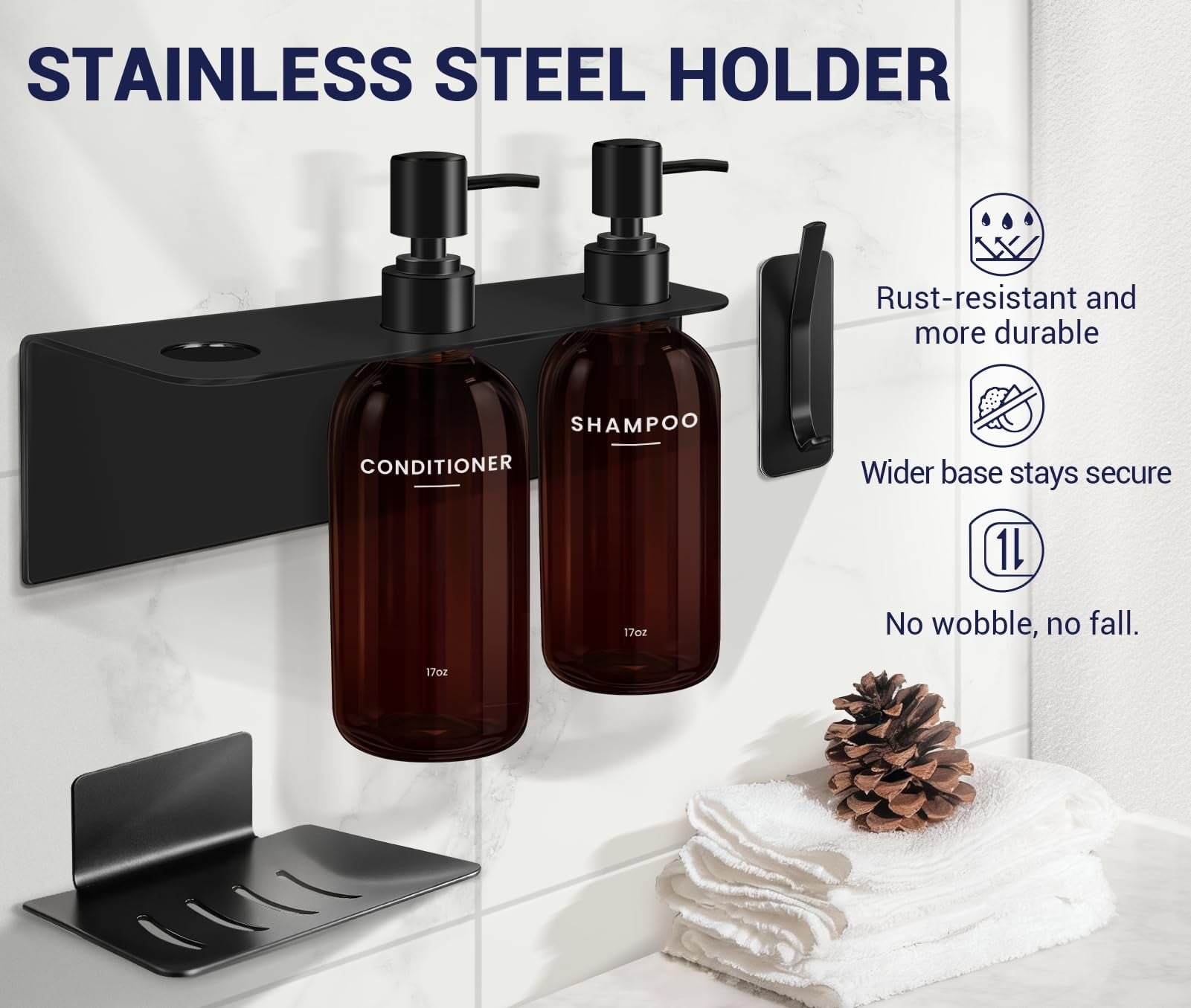 Shampoo and Conditioner Dispenser - Shower Soap Dispenser Wall Mounted - 17 fl oz Set of 3 Brown Plastic Bottles Black Pump - Shampoo Dispenser, Shower Dispenser