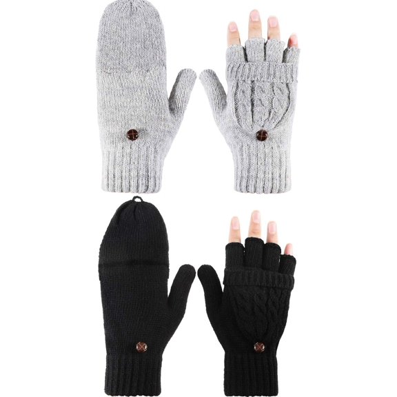 2 Pairs Women Fingerless Mittens Winter Convertible Gloves Knitted Half Finger Gloves with Cover